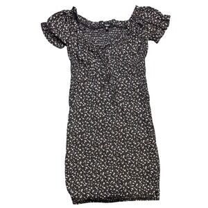 Papaya Floral Mini Dress Black Smocked Bodice‎ Short Sleeve Womens Size Small